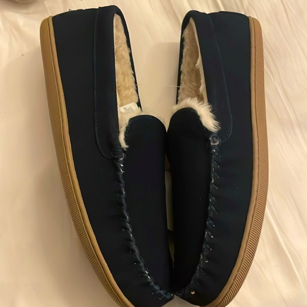 J. CREW INDIGO VINTAGE SUEDE SLIPPERS.   FLUFFY INTERIOR!   NEW WITH TAGS